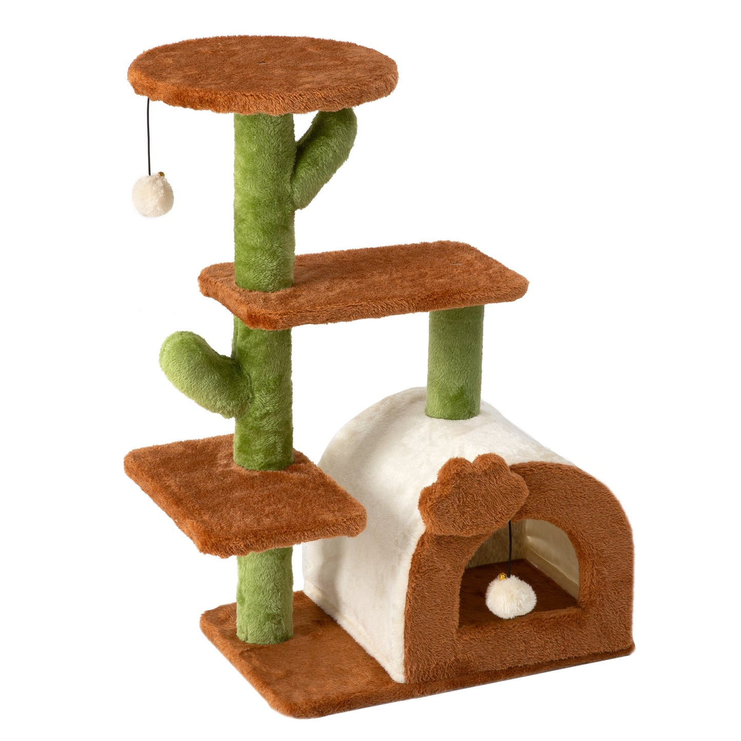 Cactus Cat Tree for Indoor Cats with Cozy Condo Wide Top Perch Multi-Level Jumping and Lounging Space 27.5inch Plush, Brown