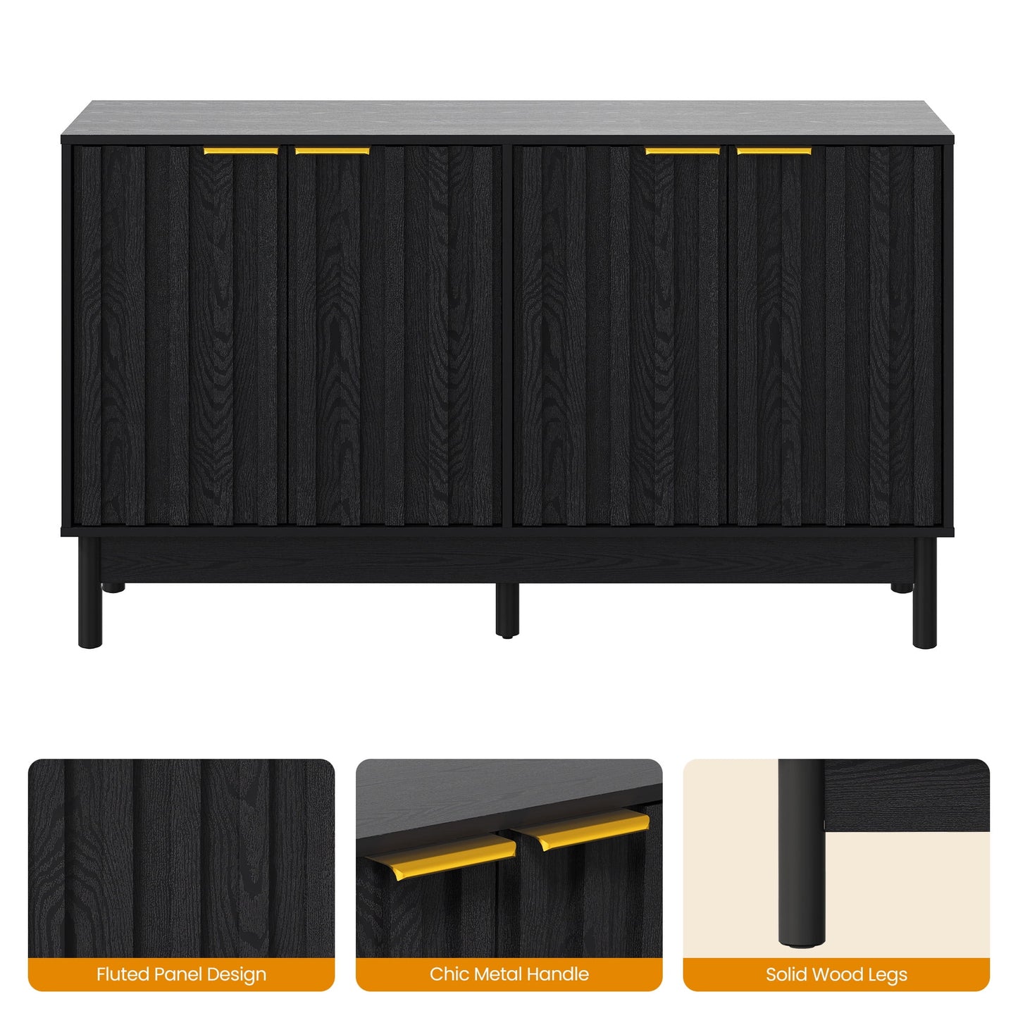 Heynemo Black 55'' Buffet Cabinet with Fluted Door and Adjustable Shelves