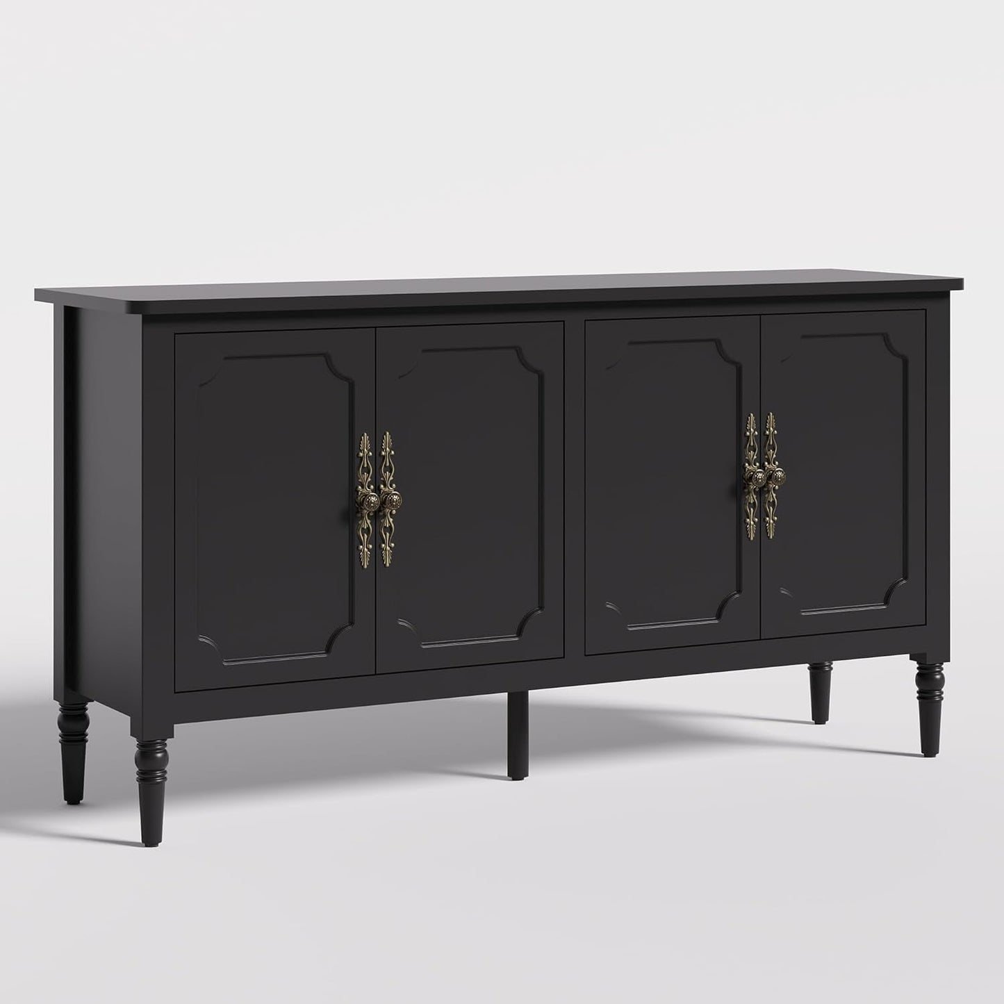 Superjoe Console Cabinet, 58'' Mid Century Modern Pantry Cabinet, Wood Buffet Cabinet, Media Cabinet with 4 Doors, Accent Cabinet for Entryway, Living Room, Bedroom, Dining Room (Black)