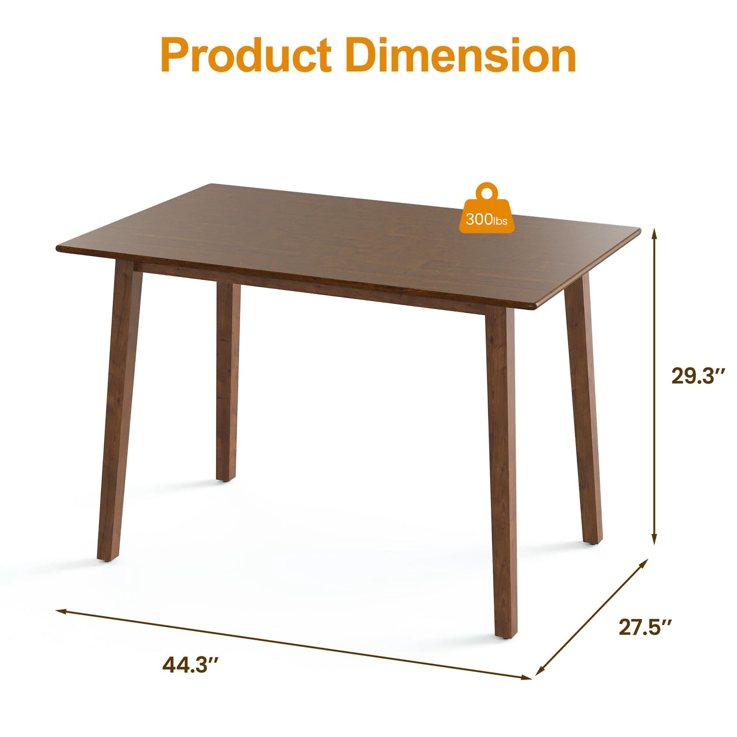 Heynemo 44.3" Dining Table for 2-4 People, Farmhouse Solid Wood Kitchen Table, 300LBS Capacity, Small Modern Rectangular Table for Dining Room, Living Room, Home Office, Terrace, Courtyard, Brown