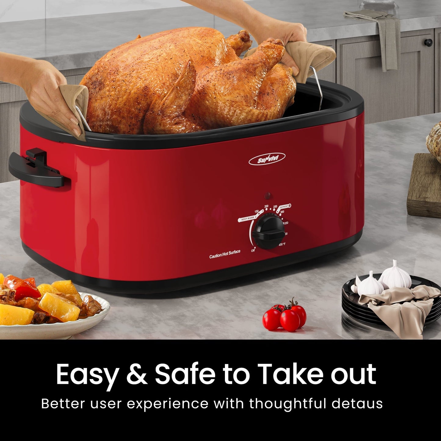 Sunvivi Roaster Oven with Self-Basting Lid, 24qt Electric Roaster with Removable Pan & Rack, Turkey Roaster Oven with Defrost & Warm Function, Stainless Steel, Red