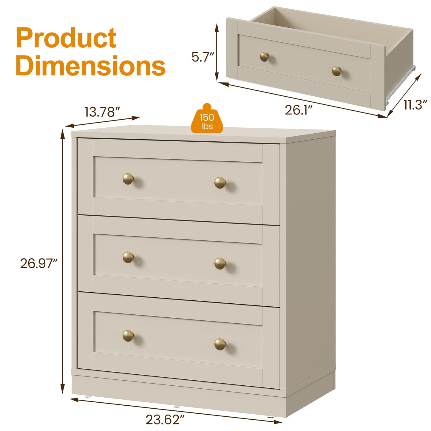 May in Color 3 Drawer Nightstand with Gold Knobs, Wood End Table, Beige