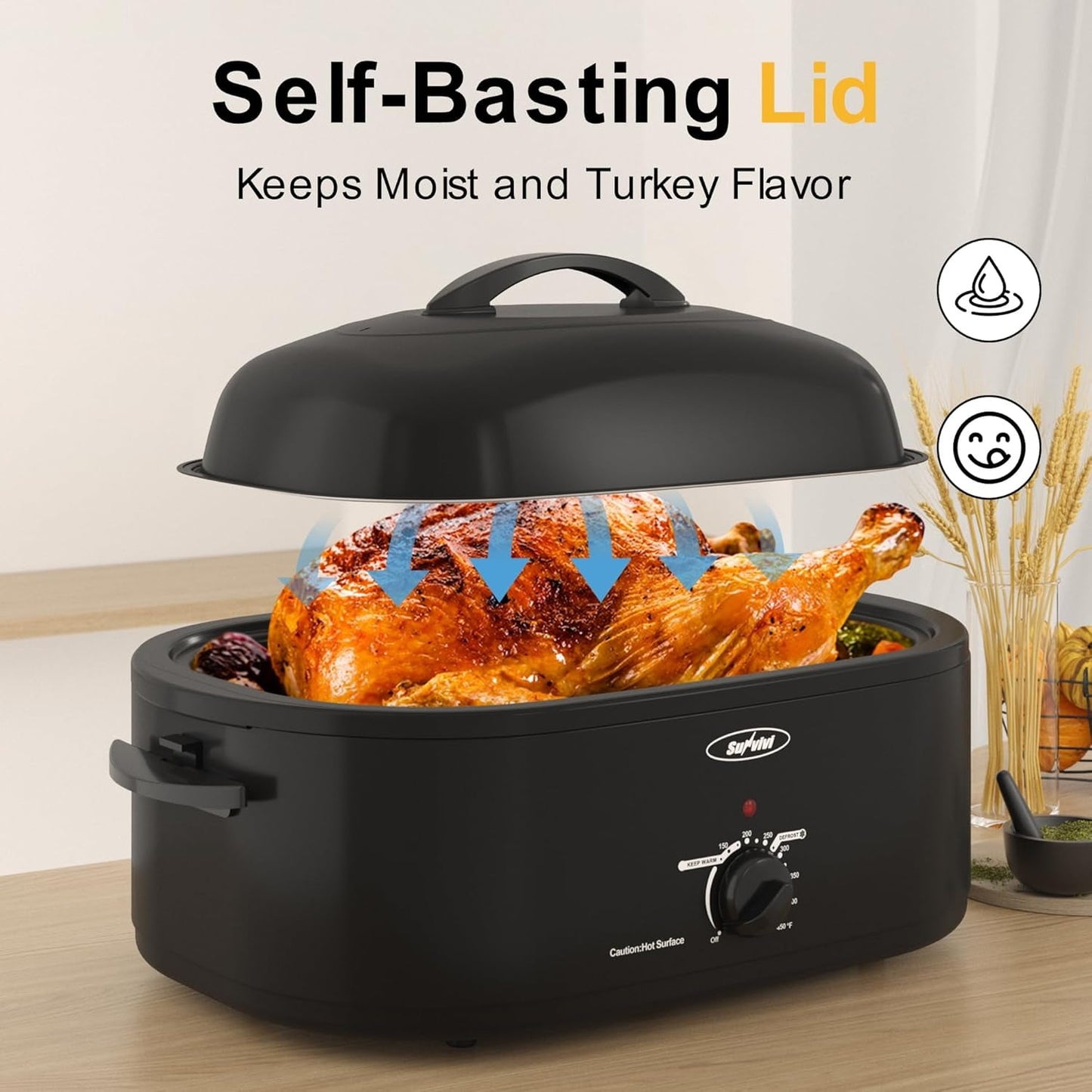 Superjoe Oven with Self-Basting Lid,20 Quart Electric Roaster with Removable Pan & Rack,150-450???¡ãF Full-Range Temperature Control with Defrost/Warm Function,Stainless Steel,Black