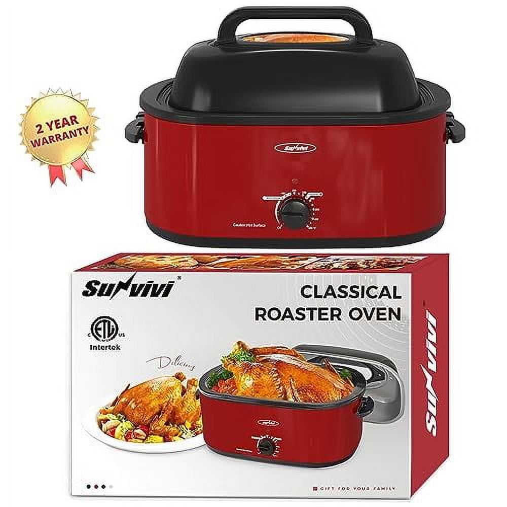 Sunvivi 26 Quart Electric Turkey Roaster Oven with Visible Glass Lid,Removable Pan & Rack, Stainless Steel,Red