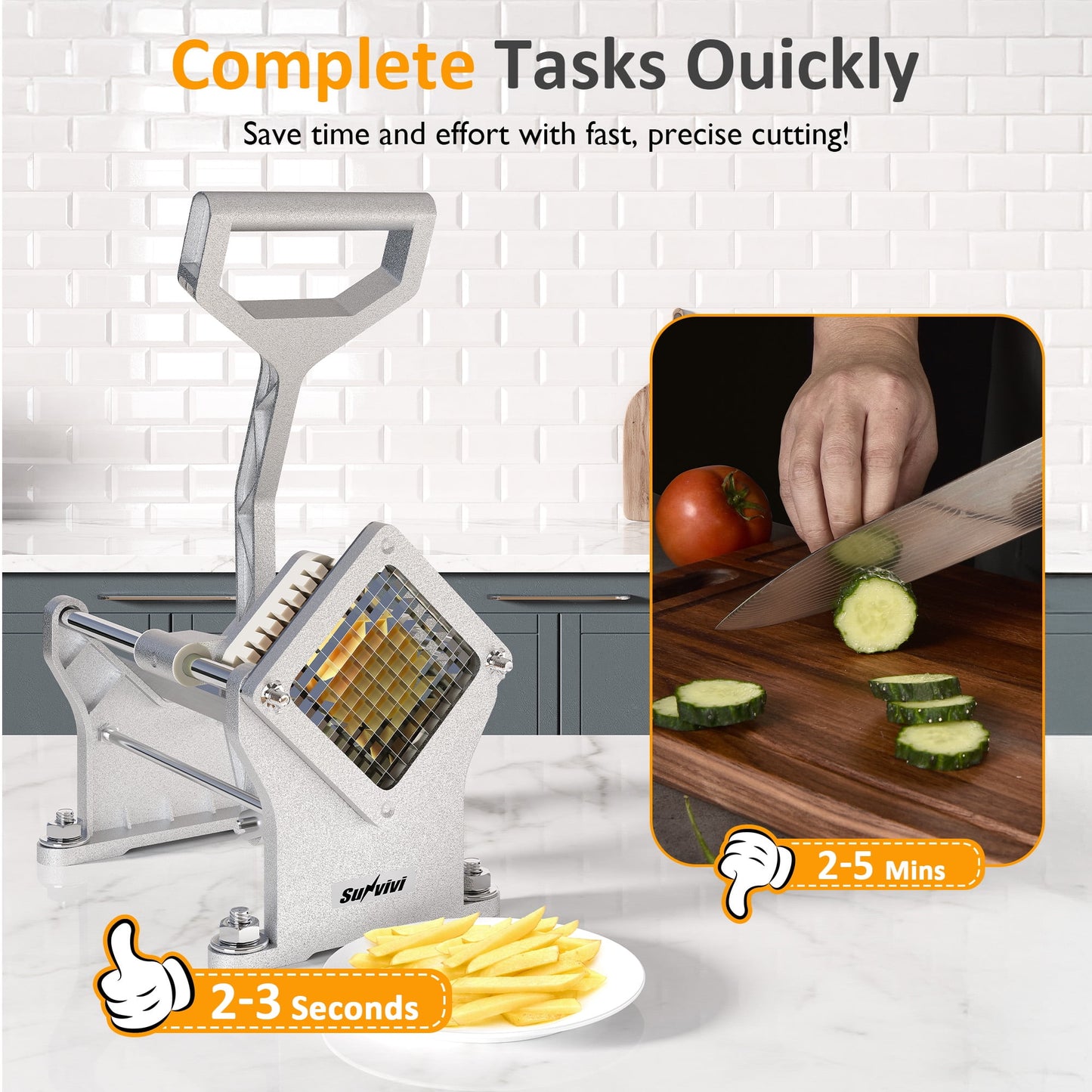 Heynemo Professional Potato Slicer & French Fry Cutter, 3 Replaceable Blades, 6-Wedge Slicer, Heavy Duty Stainless Steel