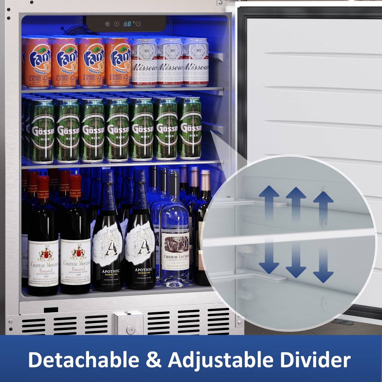 Heynemo 24 Inch Indoor/Outdoor Beverage Refrigerator (32-50¨H), Silver Under Counter Drink Fridge for Patio, Office, Kitchen, Bar, Built-in/Freestanding Can Cooler with Lock & 3 Adjustable Shelves
