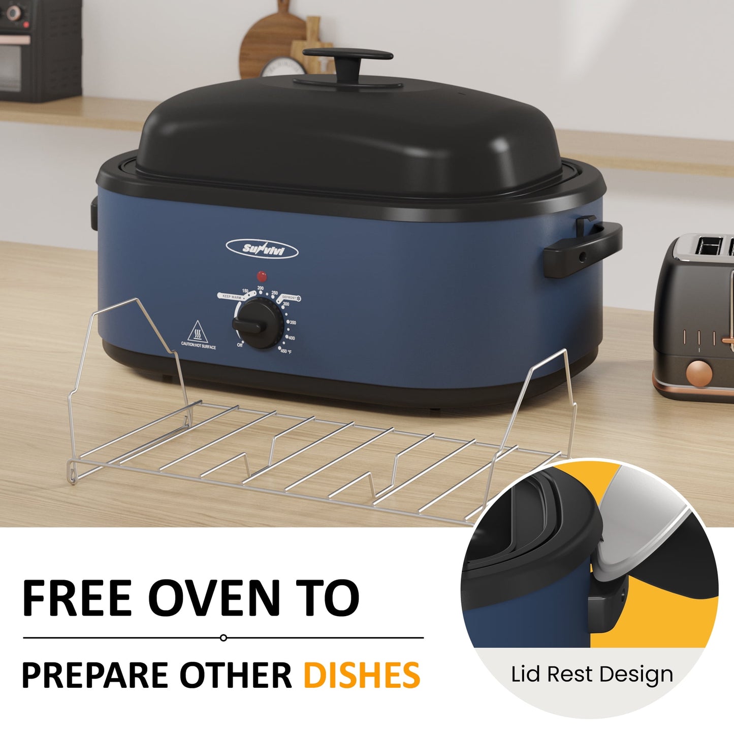 20 QT Electric Roaster Oven with 3 Compartments and Self-Basting Lid, Turkey Roaster Oven with 150-450¡ãF Temperature Control, Removable Pan & Rack, Blue