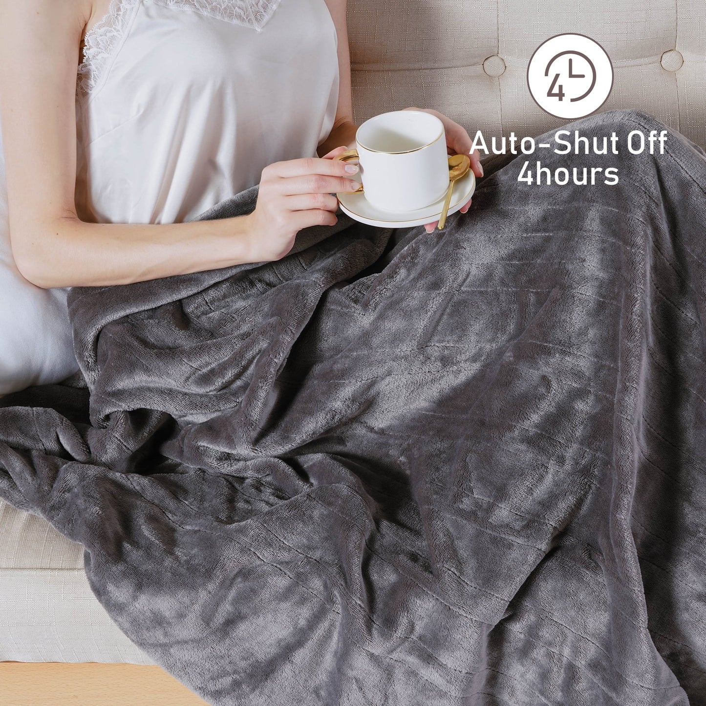 Heynemo Electric Heated Blanket, 60" x 50" Double-Layer Flannel, 4 Heat Settings and Auto-off, Holiday Gift for Family, Gray