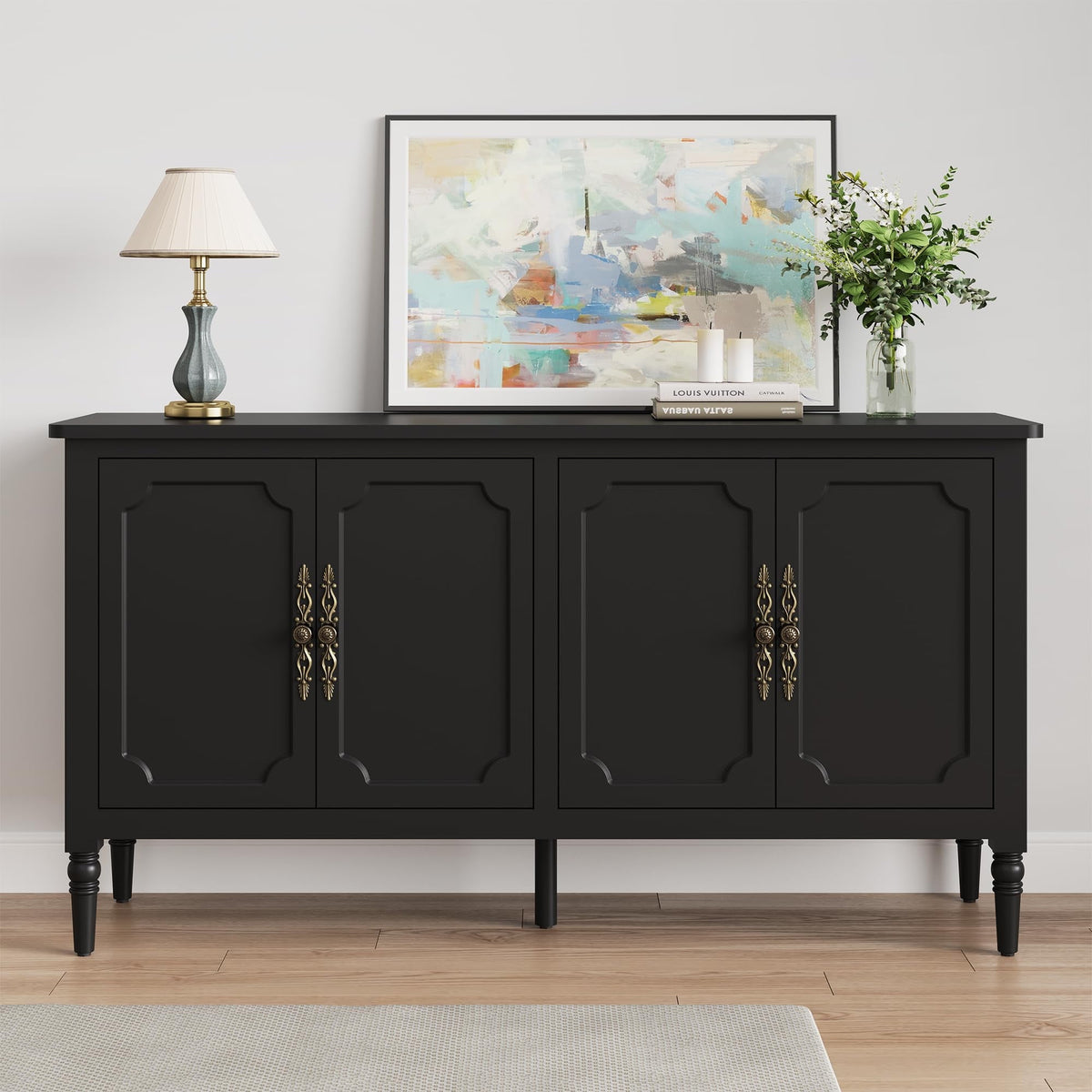 May in Color Buffet Sideboard Table Set of 2, 59'' Mid Century Modern Console Table, Media Cabinet with 4 Doors, Accent Cabinet Wood Sideboard, for Entryway, Living Room, Dining Room, Black