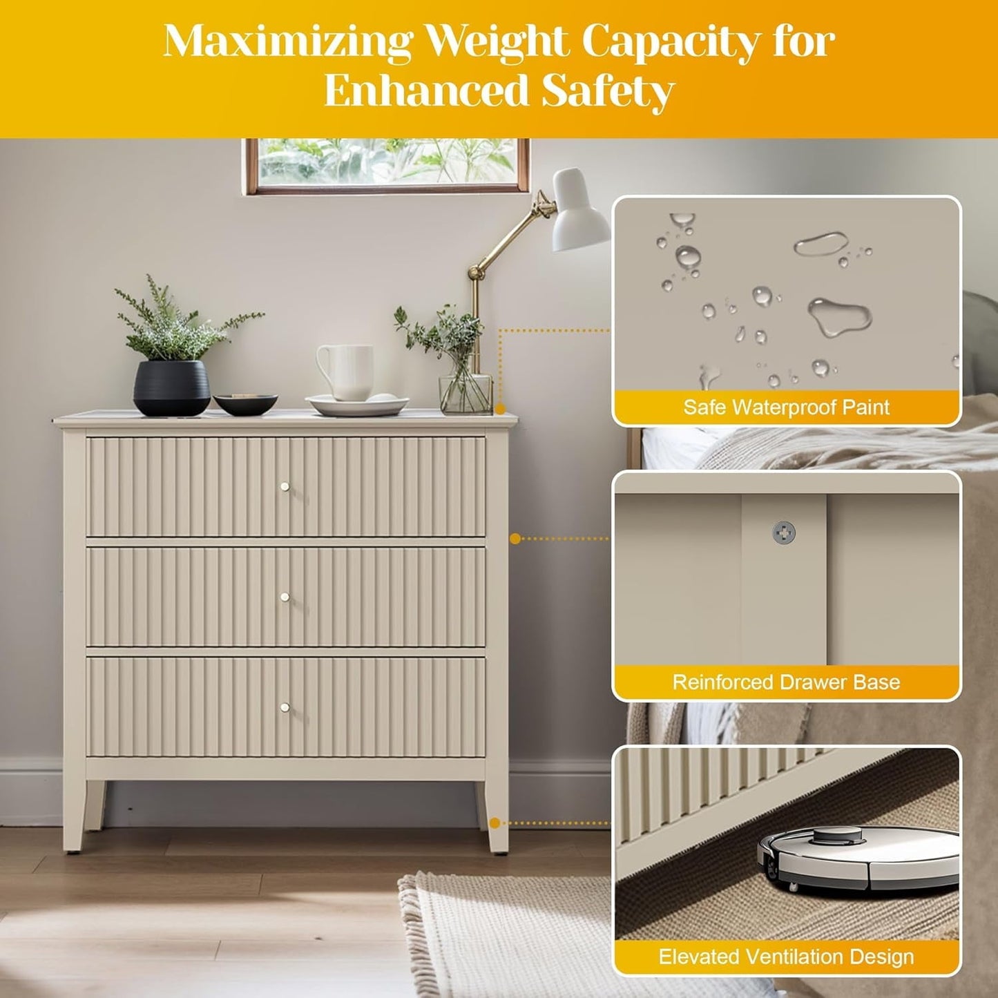 Mayincolor Large Fluted 3 Drawer Dresser set of 2, Wide Chest of Drawers with Modern Nightstand Cabinet Wood Dresser with Spacious Storage for Bedroom,Living Room,Beige
