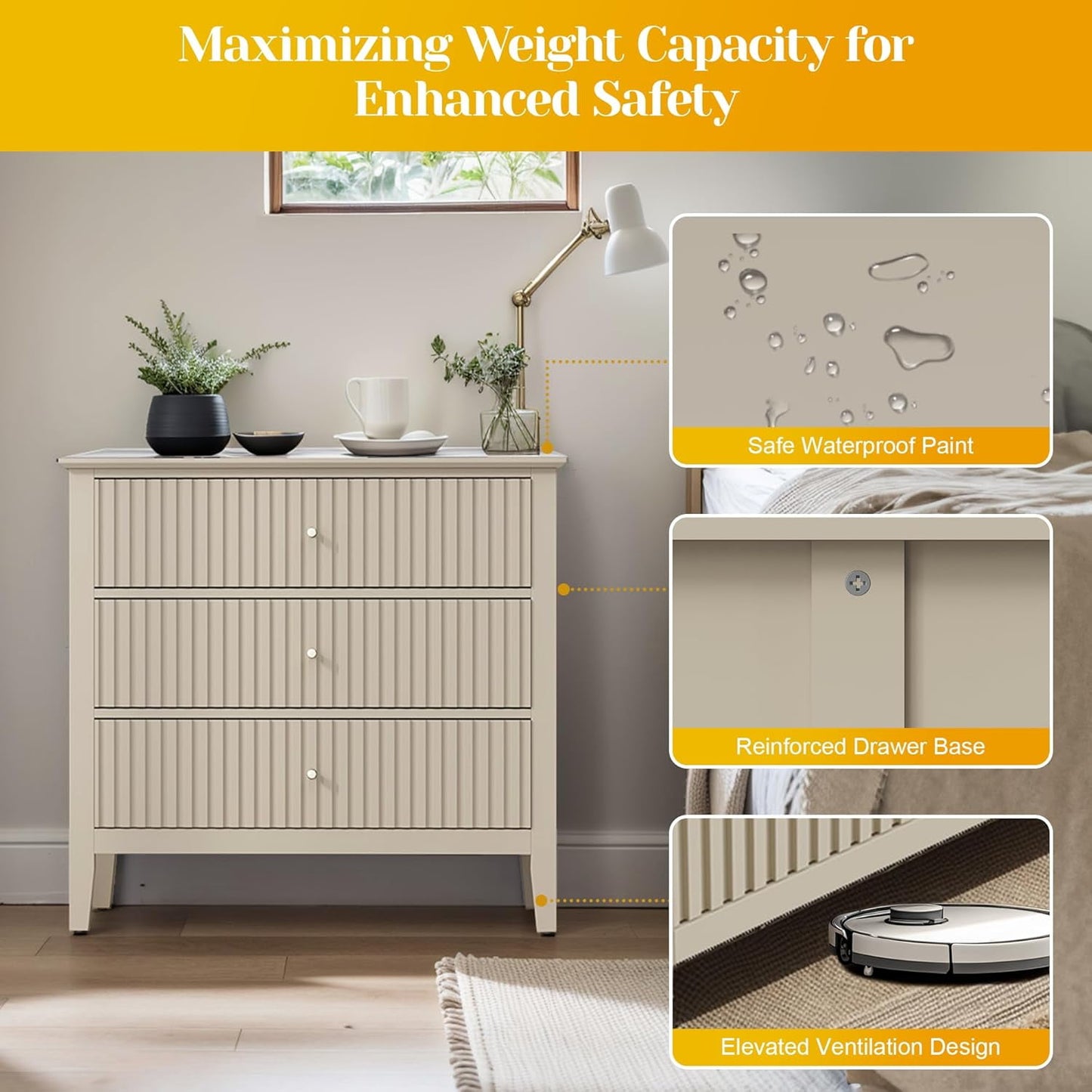Mayincolor Wooden 3-Drawer Dresser Set of 2, Wide Chest with Modern Nightstand Cabinet and Spacious Storage, Beige