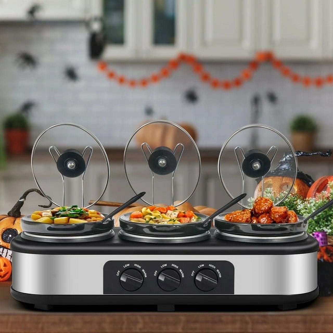 Superjoe Electric Slow Cooker Buffet, 3-Pots Stainless, Server Black 4.5qt 3-Crock