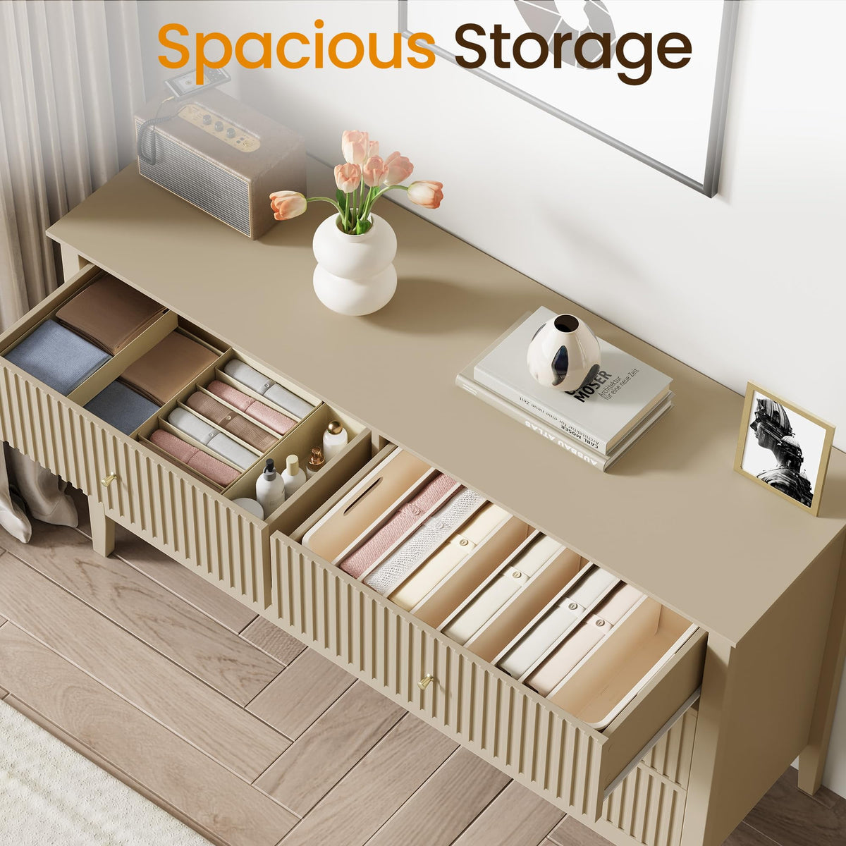 May in Color Beige 6 Drawer Dresser, Fluted Modern Chest of Drawers for Bedroom