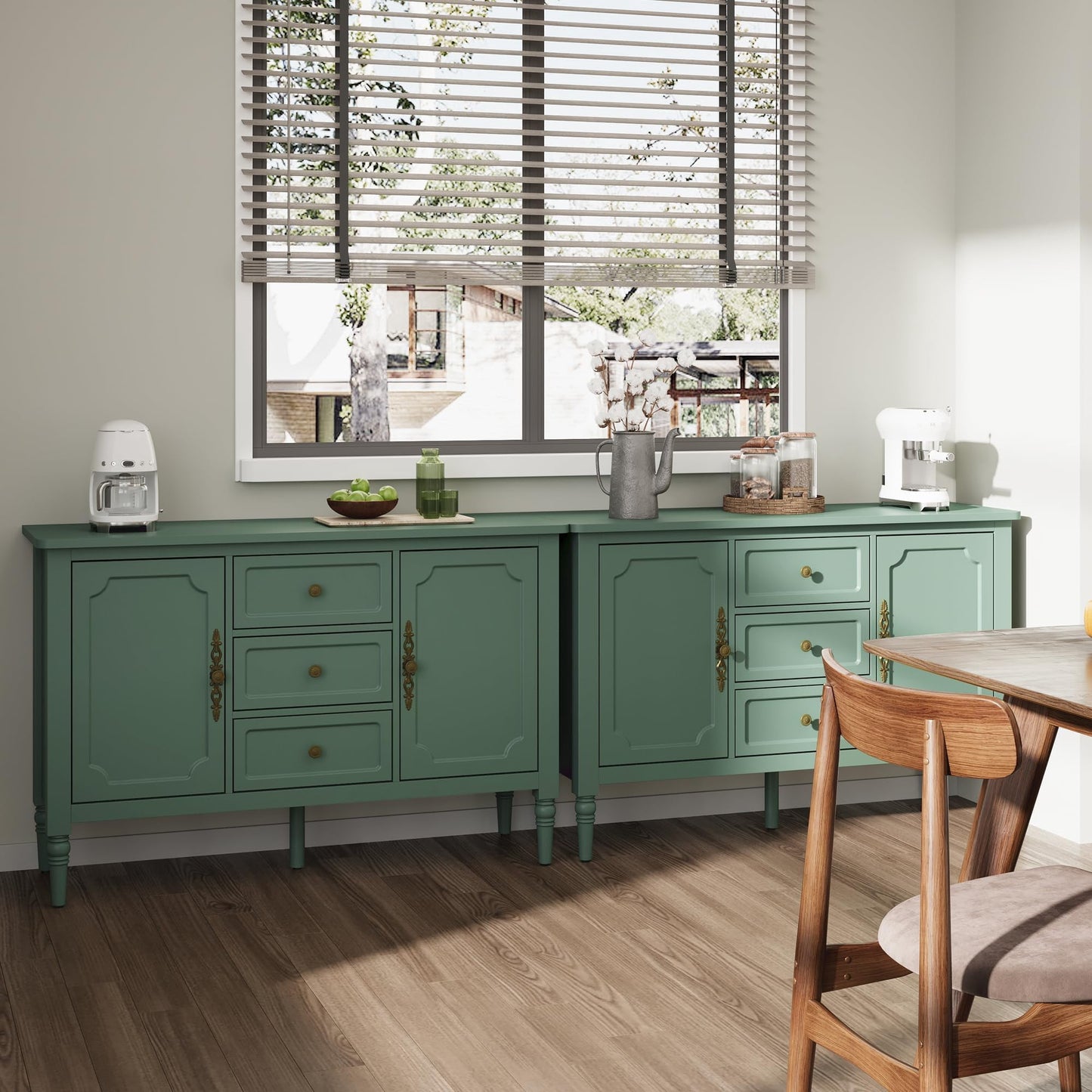 May in Color Storage Cabinet with 2 Doors & 3 Drawers, Mid-Century Sideboard Cabinet with Adjustable Shelves, Wood Buffet Cabinet with Turned Legs, Ideal for Entryway, Living Room, Dining Room, Green