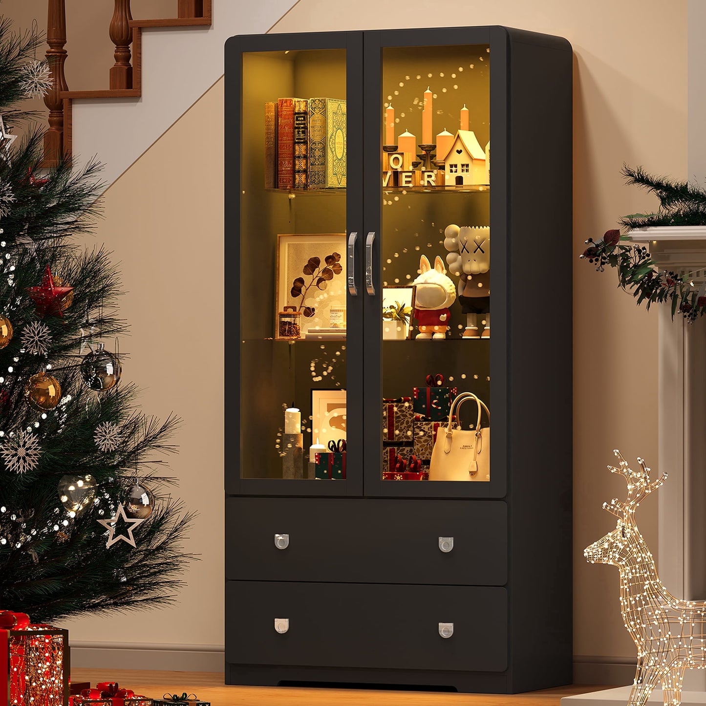 Heynemo 64'' Tall Display Cabinet with Acrylic Doors and LED Lights, Black
