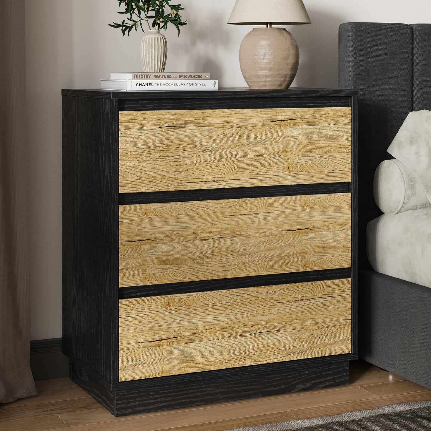 May in Color Wide Nightstand with 3 Drawers Set of 2, Black Large Nightstand for Bedroom, Home and Office, Black and Wood