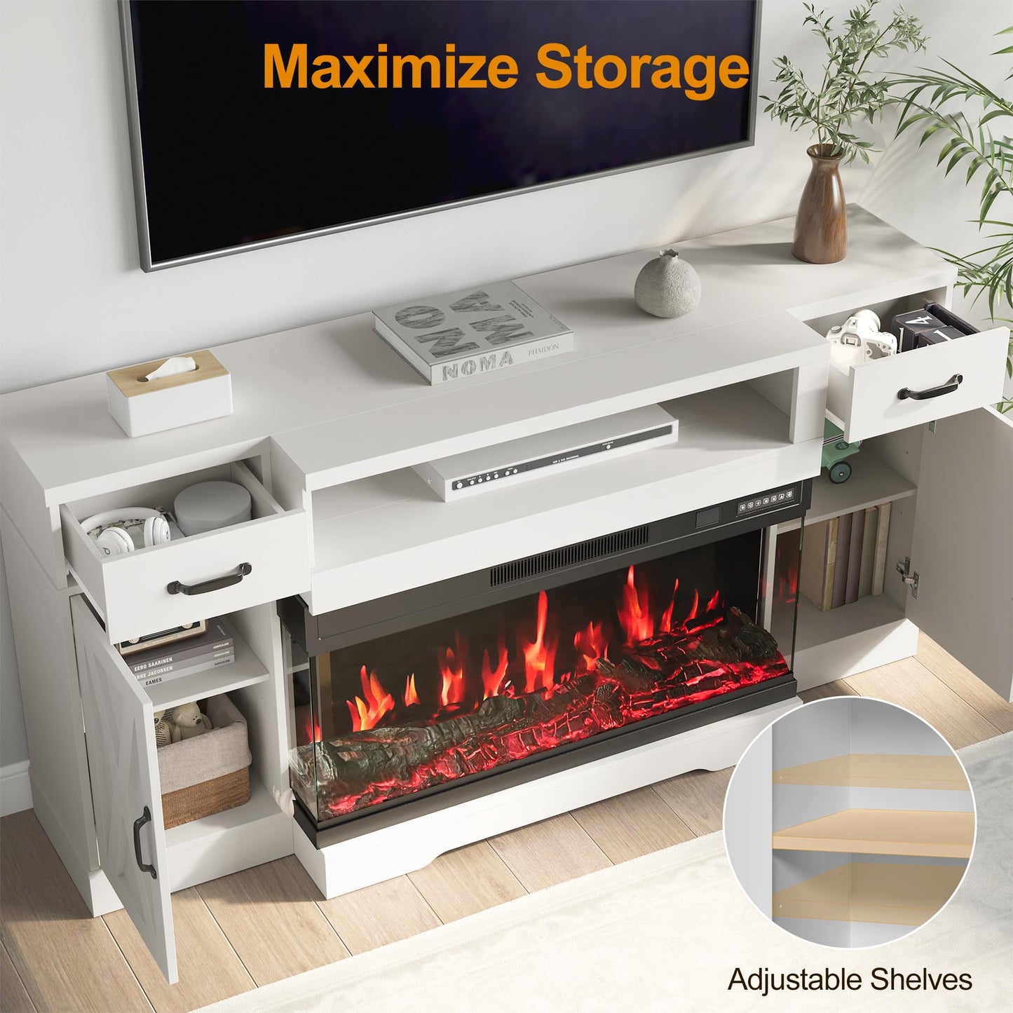 Heynemo TV Stands with 36'' Fireplace for TVs up to 75'', Media Console Table with Adjustable Shelves, Double-door Design, Entertainment Center for Living Room, Bedroom, White