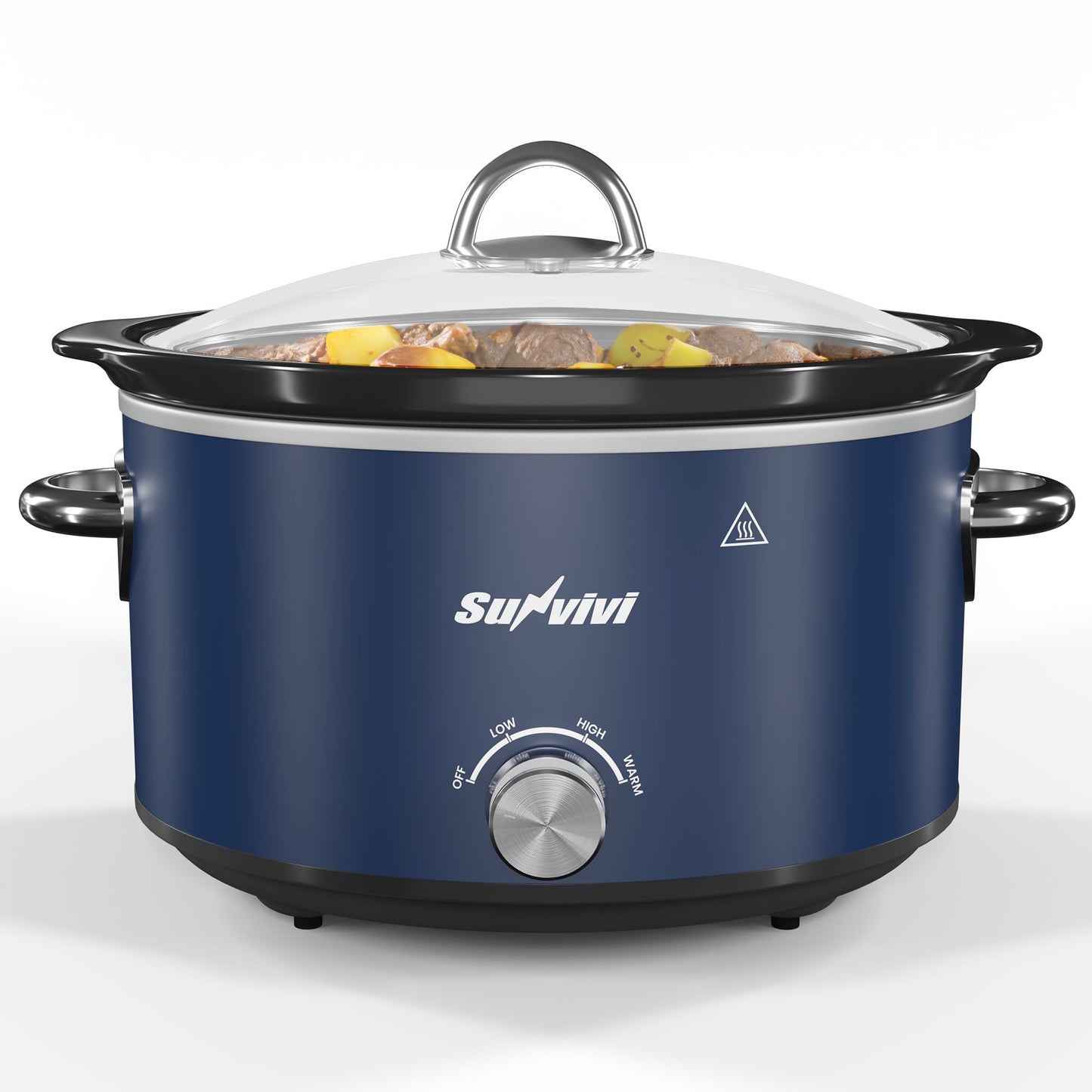 Heynemo 4QT Compact Slow Cooker & Food Warmer with 3 Temperature Settings, Removable Ceramic Pot, Dishwasher-Safe Glass Lid, Stainless Steel - Blue