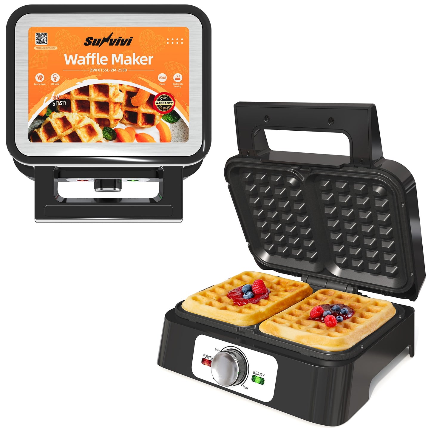 Heynemo Electric Waffle Maker 2 Slices, Stainless Steel Waffle Iron with Adjustable Heat, Nonstick Coating & Cool Touch Handle