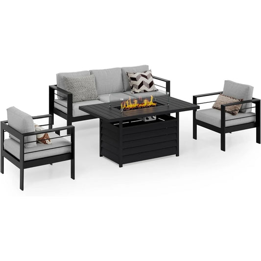 Heynemo Superjoe Outdoor Furniture Set w/CSA Certified 54in Propane Gas Fire Pit Table, 5 Seats Aluminum Patio Conversation Sofa with 5in Olefin Cover Cushions, Black/Light Gray