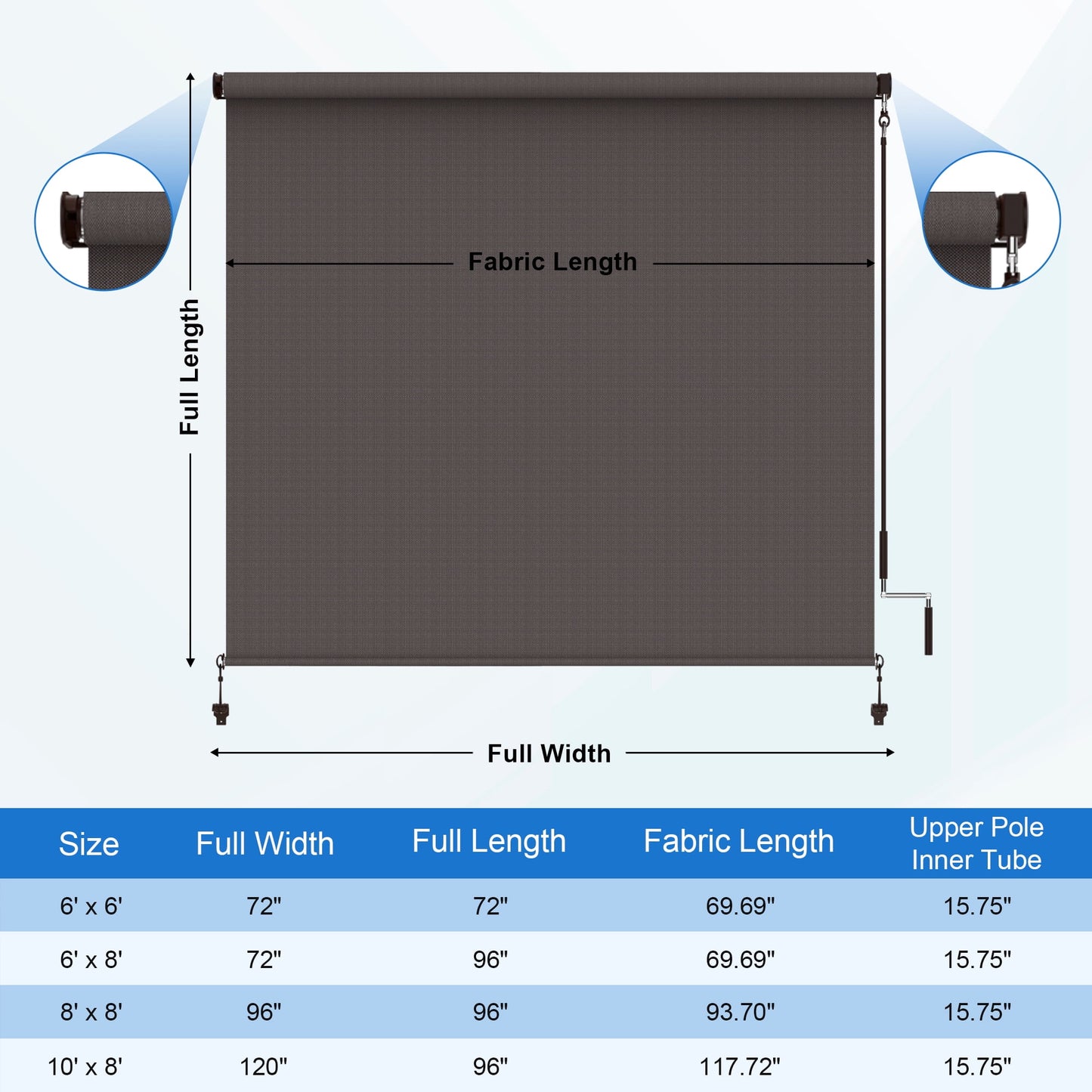 Heynemo 6'x 6' Outdoor Roller Shade, Cordless Patio Shade with Crank Handle, 95% UV Protection Outdoor Blind for Porch, Gazebo, Pergola, Brown