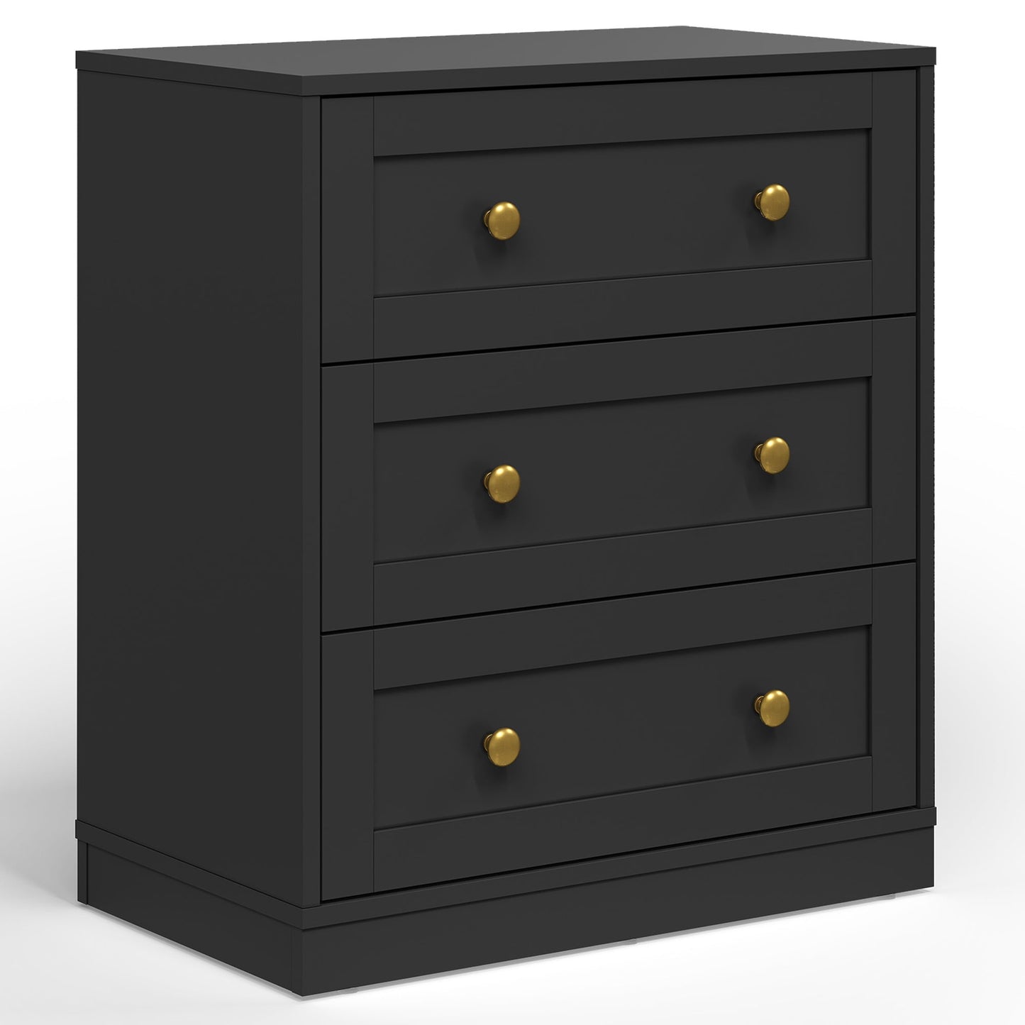 Heynemo 3-Drawer Nightstand, Wooden Bedside Table with Gold Knobs, Modern Storage Cabinet for Bedroom, Living Room, or Hallway, Black