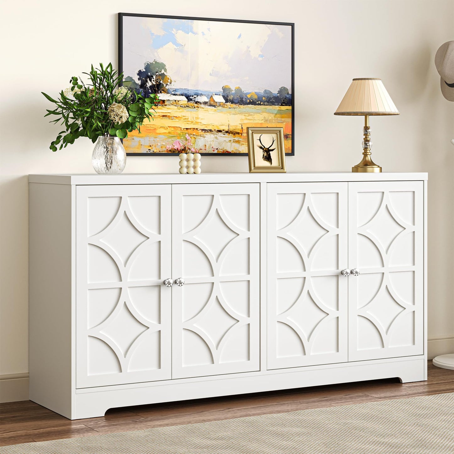 Heynemo 56'' Modern Kitchen Buffet Table with 4 Doors and Adjustable Shelves, Sideboard Buffet Cabinet with Storage, Wood Credenza Accent Coffee Bar Cabinet for Entryway, Living Room,Matte White