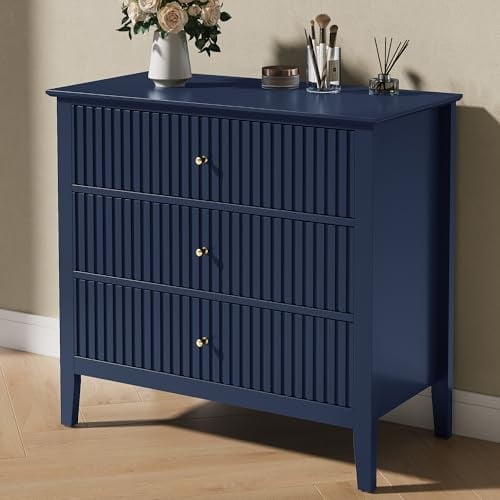 Heynemo 30" Large Dresser with 3 Drawers, Blue Modern Wood Nightstand with Ball Bearing Slides, Wide Storage Chest for Bedroom, Living Room, Entryway or Office