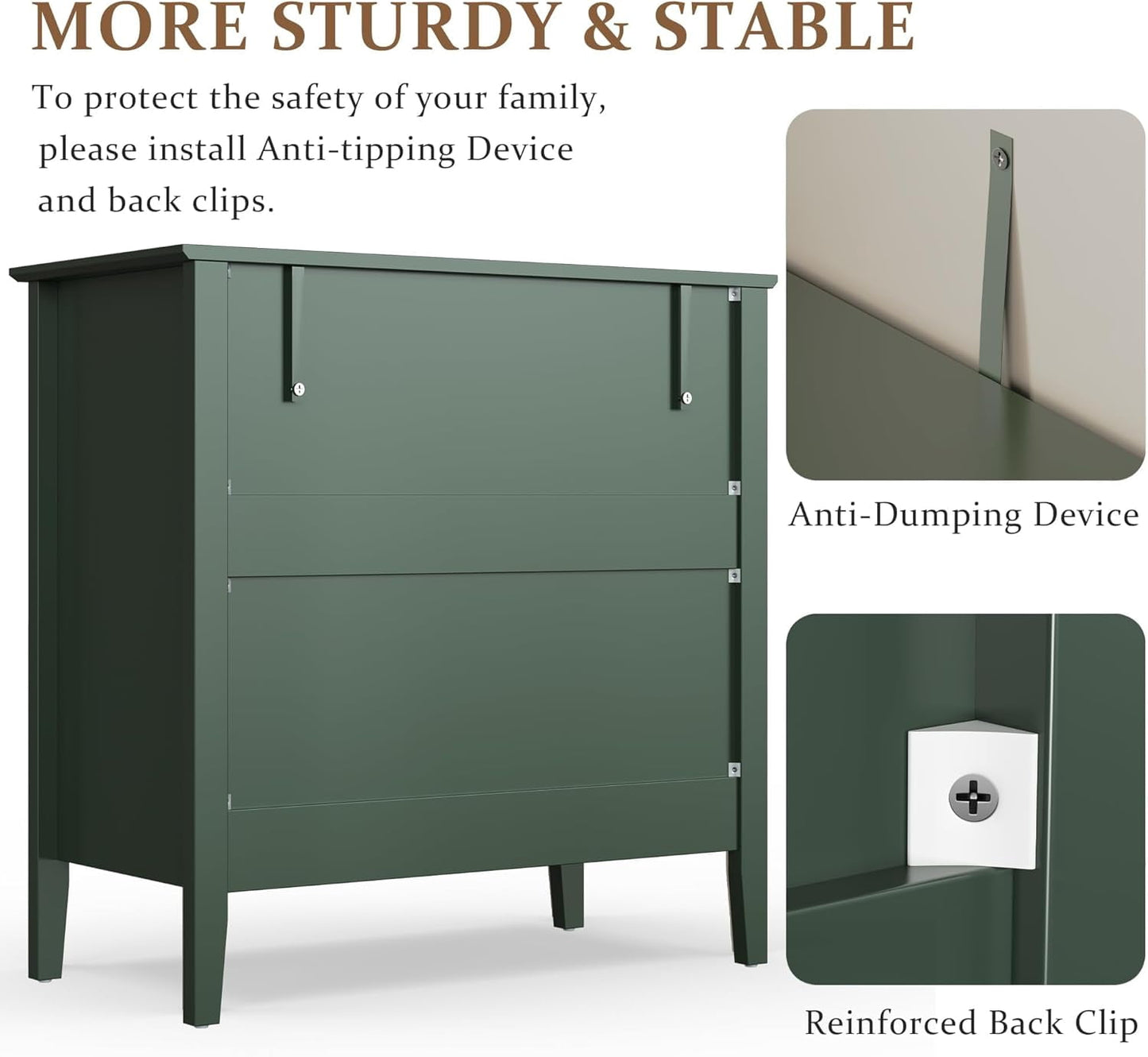 32" Green Fluted Dresser Nightstand, Wide Modern 3 Drawer Wooden Chest, Large Painted Storage Cabinet, for Bedroom, Closet, Hallway, Entryway