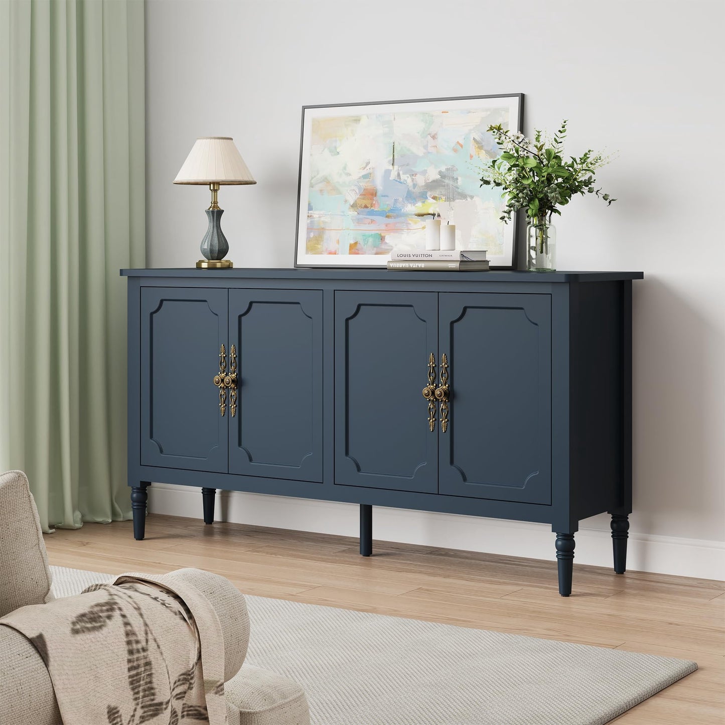 May in Color Buffet Sideboard Table Set of 2, 59'' Mid Century Modern Console Table, Media Cabinet with 4 Doors, Accent Cabinet Wood Sideboard, for Entryway, Living Room, Dining Room, Blue