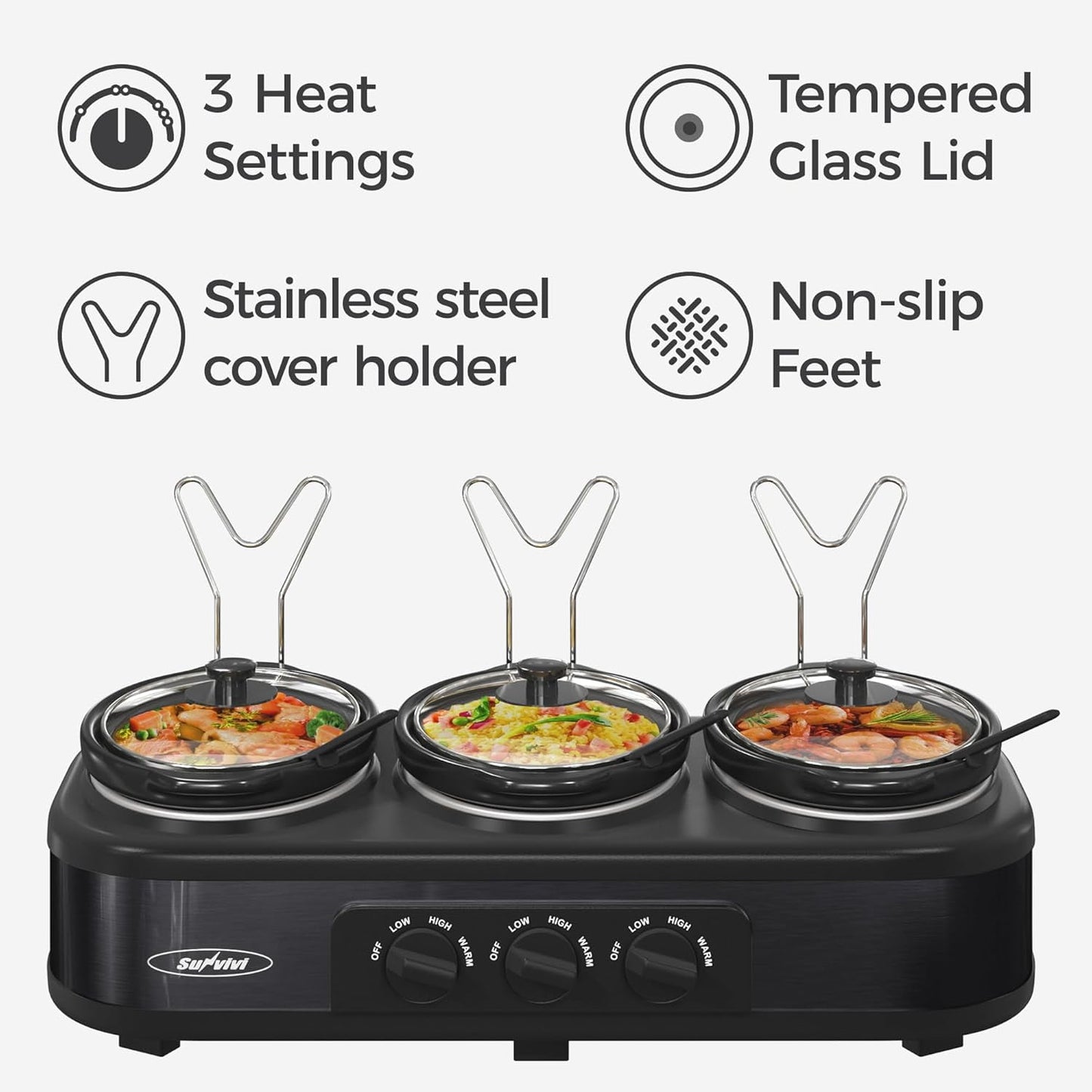 Superjoe Triple Slow Cooker Buffet Servers and Warmer,3 Pot Food Small Mini Manual Slow Cooker with Adjustable Temp Stainless Steel Lid Rests,Removable Ceramic Pot,4.5 QT