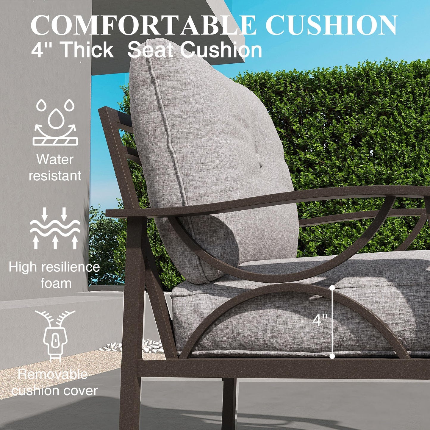 Heynemo Outdoor Patio Furniture Set, 2 Piece Patio Conversation Set, Metal Furniture Set with 3 seat Sofa for Porch Backyard, Black Metal Chair with Gray Cushions
