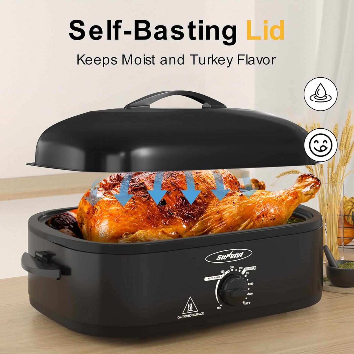 Superjoe 14 QT Electric Roaster Oven with Self-Basting Lid, Removable Pan and Rack, Stainless Steel, Black