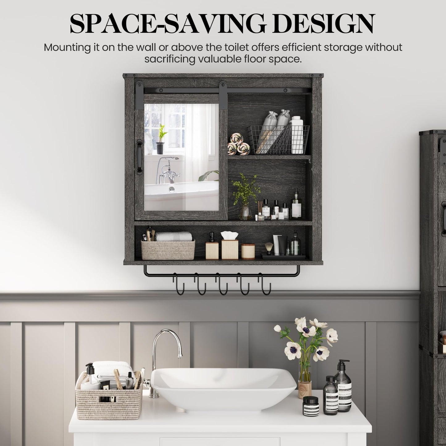 RoyalCraft 28in Bathroom Cabinet Wall Mount with Sliding Mirror Door, Over The Toilet Storage Cabinet, Farmhouse Medicine Cabinet with Shelves and Towel Bar for Living Room, 28" W x 29" H, Dark Grey