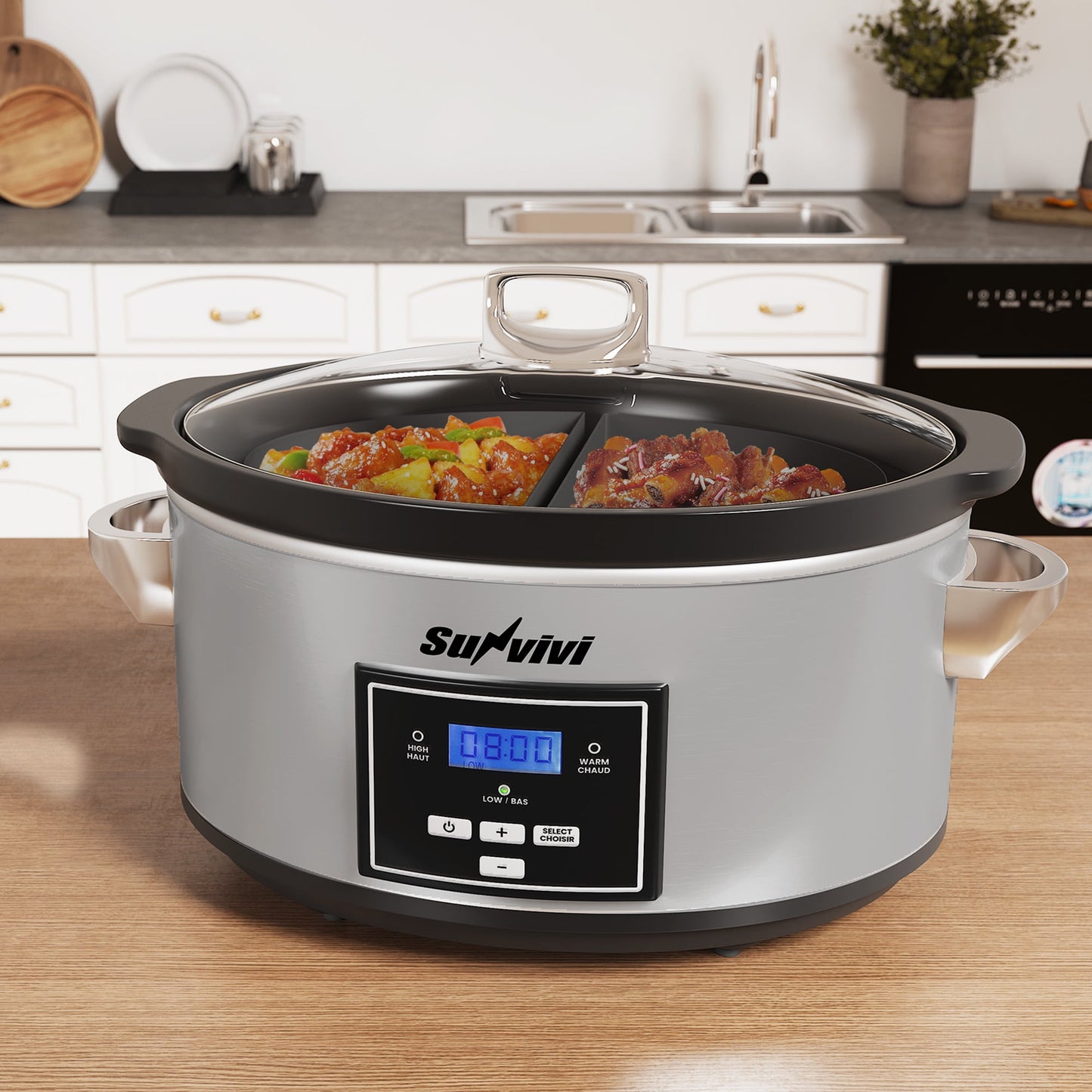 Heynemo 6 Qt Programmable Slow Cooker with 2-in-1 Silicone Liners and Digital Timer - Silver