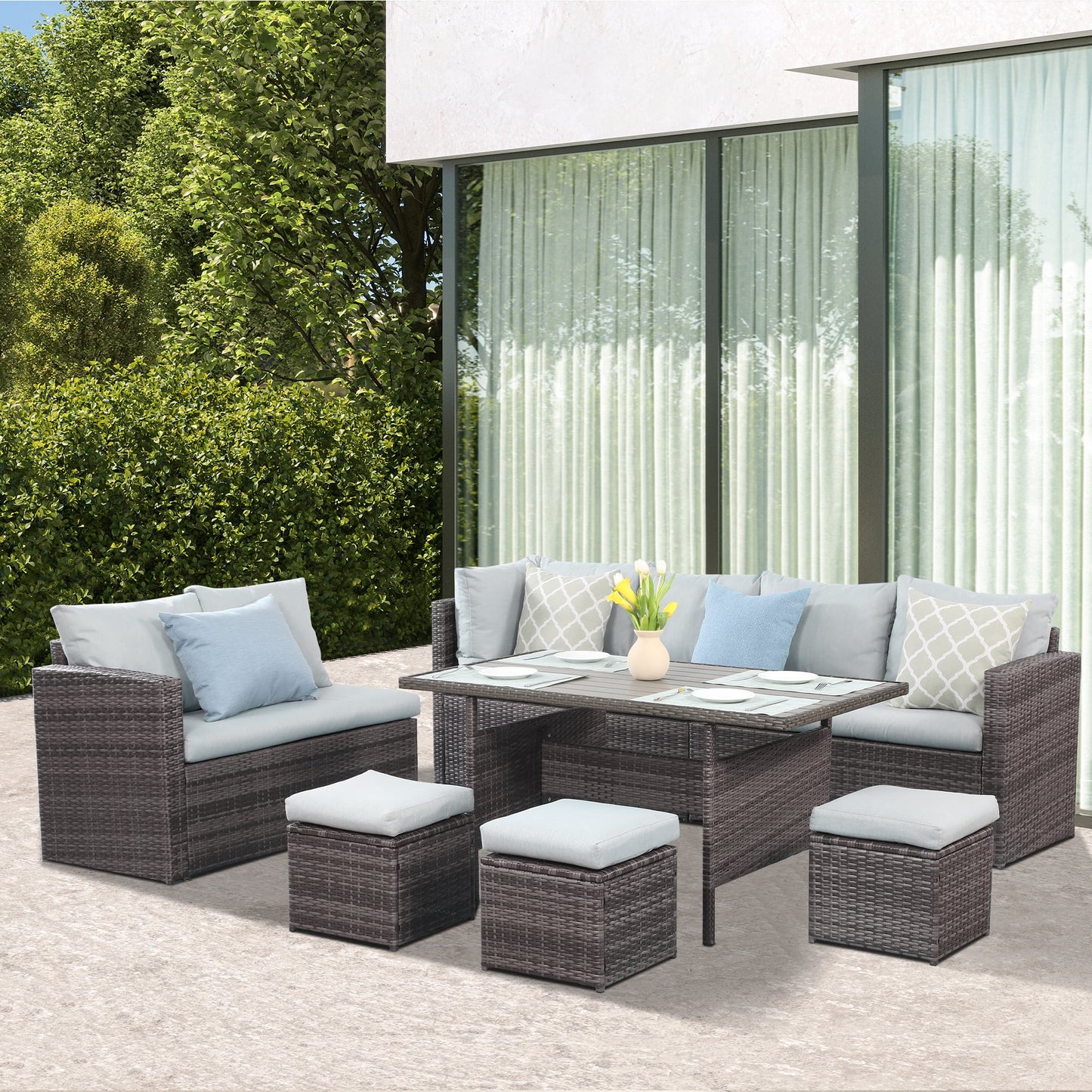 Heynemo 7 Piece Outdoor Patio Furniture Set, Dining Sectional Sofa with Dining Table Chair, All Weather Wicker Conversation Set with Ottoman, Grey