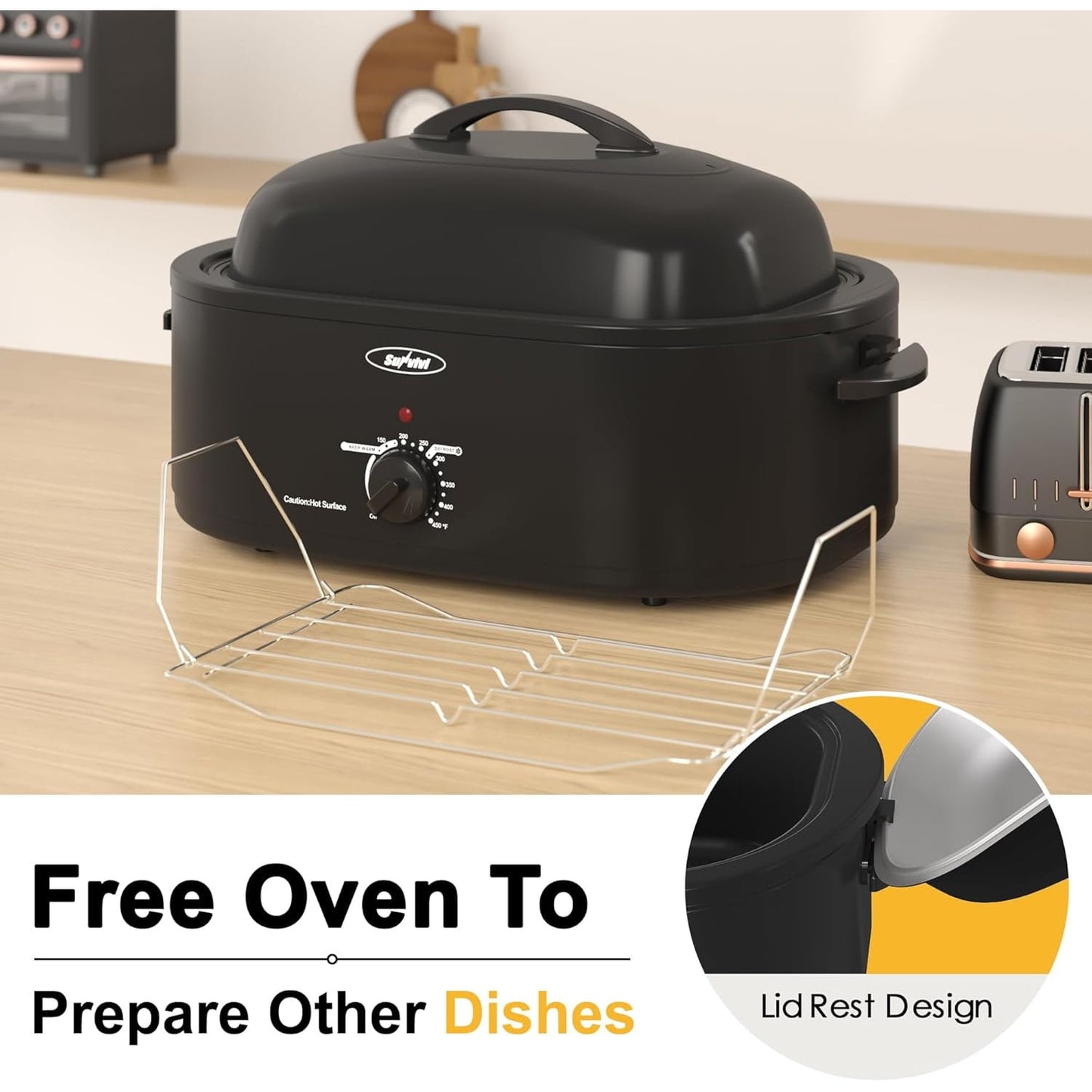 Superjoe Oven with Self-Basting Lid,20 Quart Electric Roaster with Removable Pan & Rack,150-450???¡ãF Full-Range Temperature Control with Defrost/Warm Function,Stainless Steel,Black