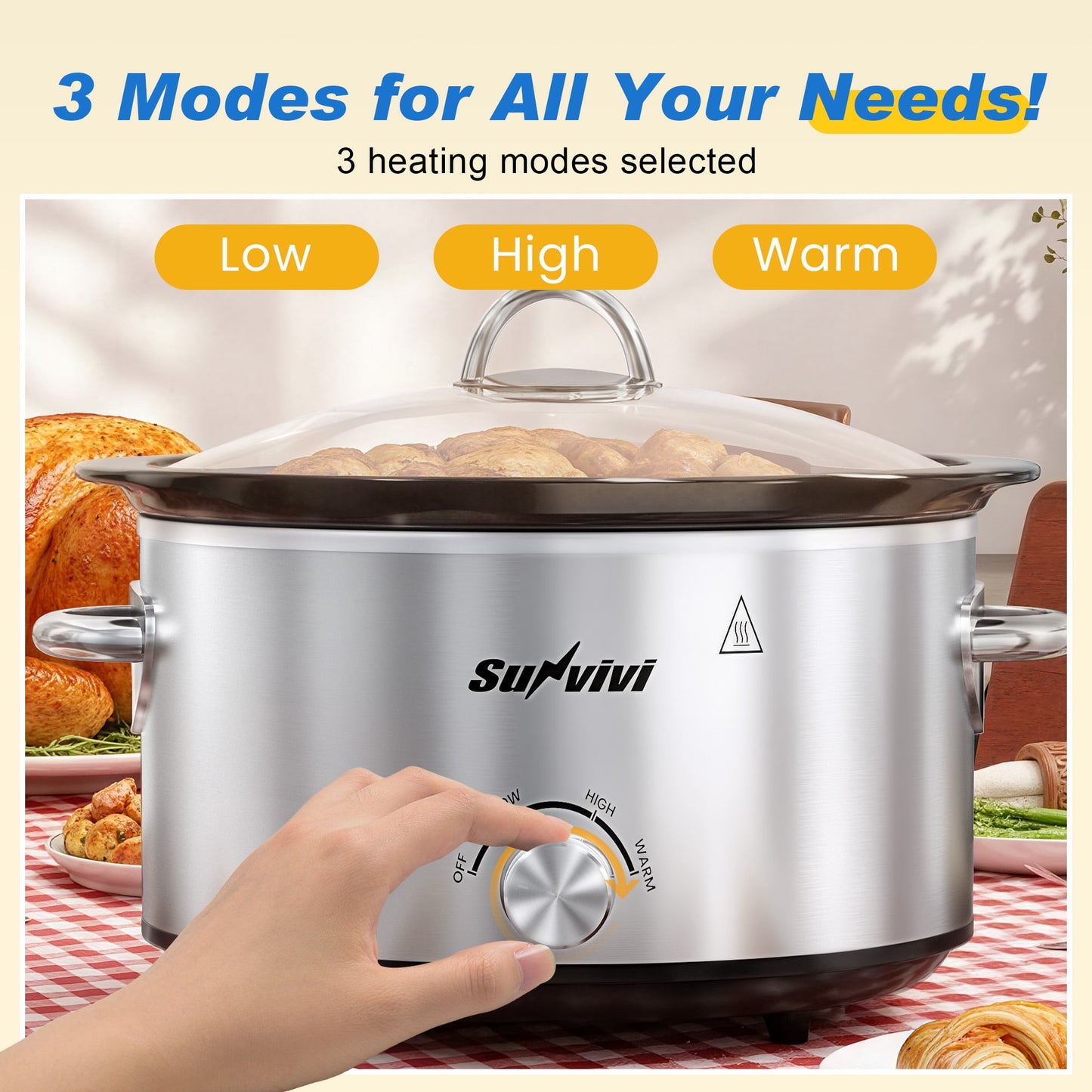 SUNVIVI Small Slow Cooker 4QT, Mini Food Warmer with 3 Heating Settings, Removable Ceramic Pot, Dishwasher Safe Glass Lid, Stainless Steel