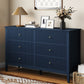 May in Color Fluted 6 Drawer Dresser, Wide Modern Chest of Drawers, Large Wood Storage Cabinet Organizer for Bedroom, Living Room, Hallway, Entryway, Blue