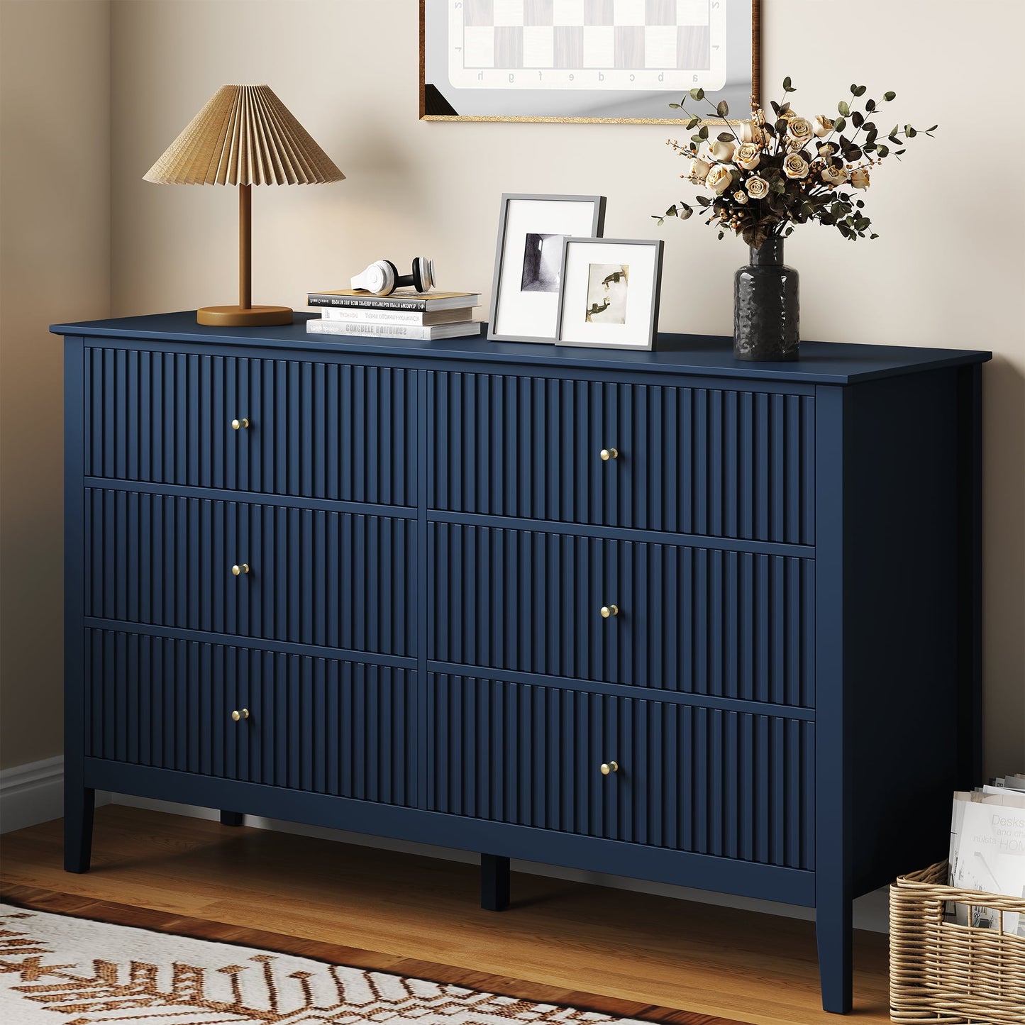 May in Color Fluted 6 Drawer Dresser, Wide Modern Chest of Drawers, Large Wood Storage Cabinet Organizer for Bedroom, Living Room, Hallway, Entryway, Blue