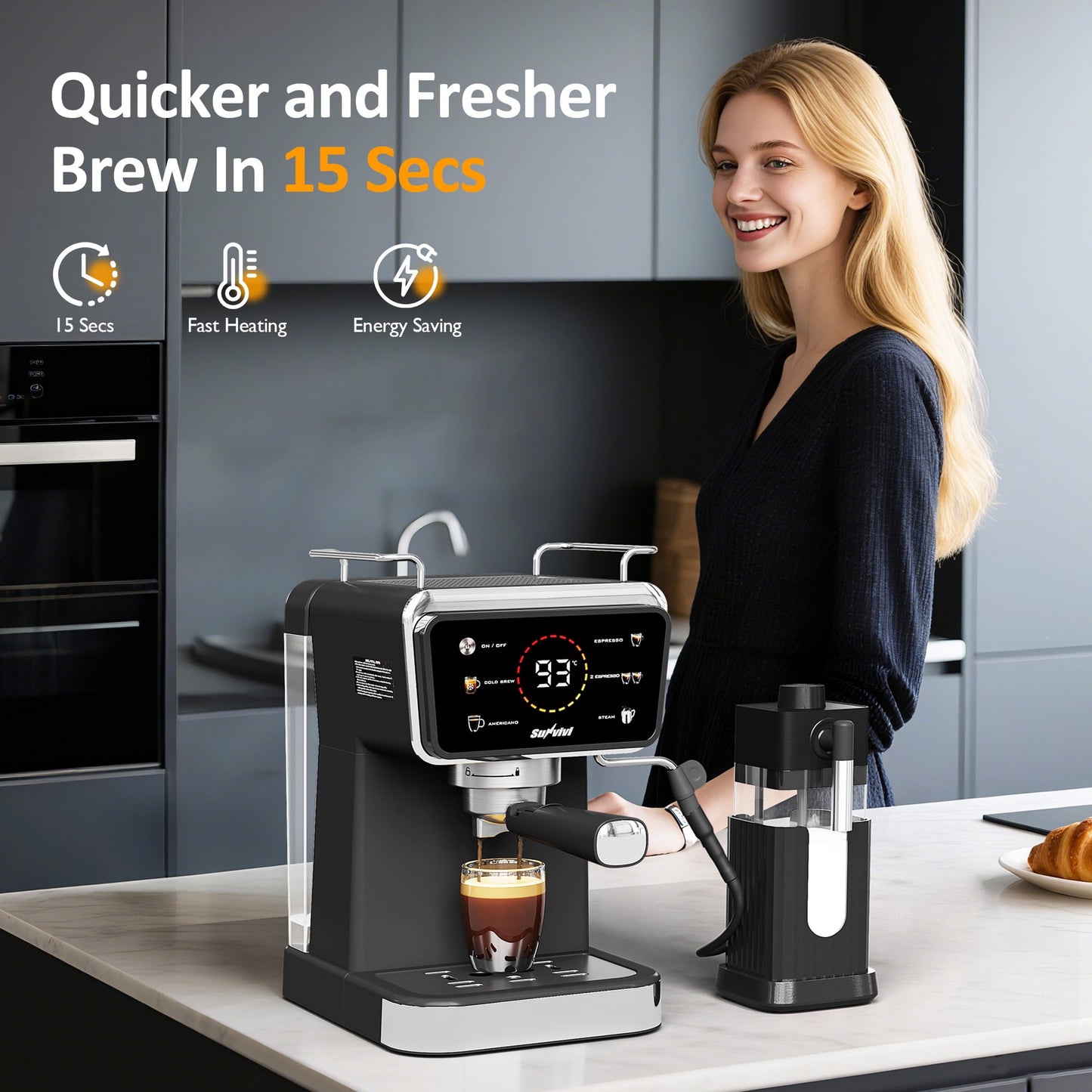 20 Bar Espresso Machine with Milk Frother, 3-in-1 Iced Coffee Maker for Espresso, Cold Brew, and Americano, LED Touchscreen, 52oz Removable Water Tank, Easy to Clean