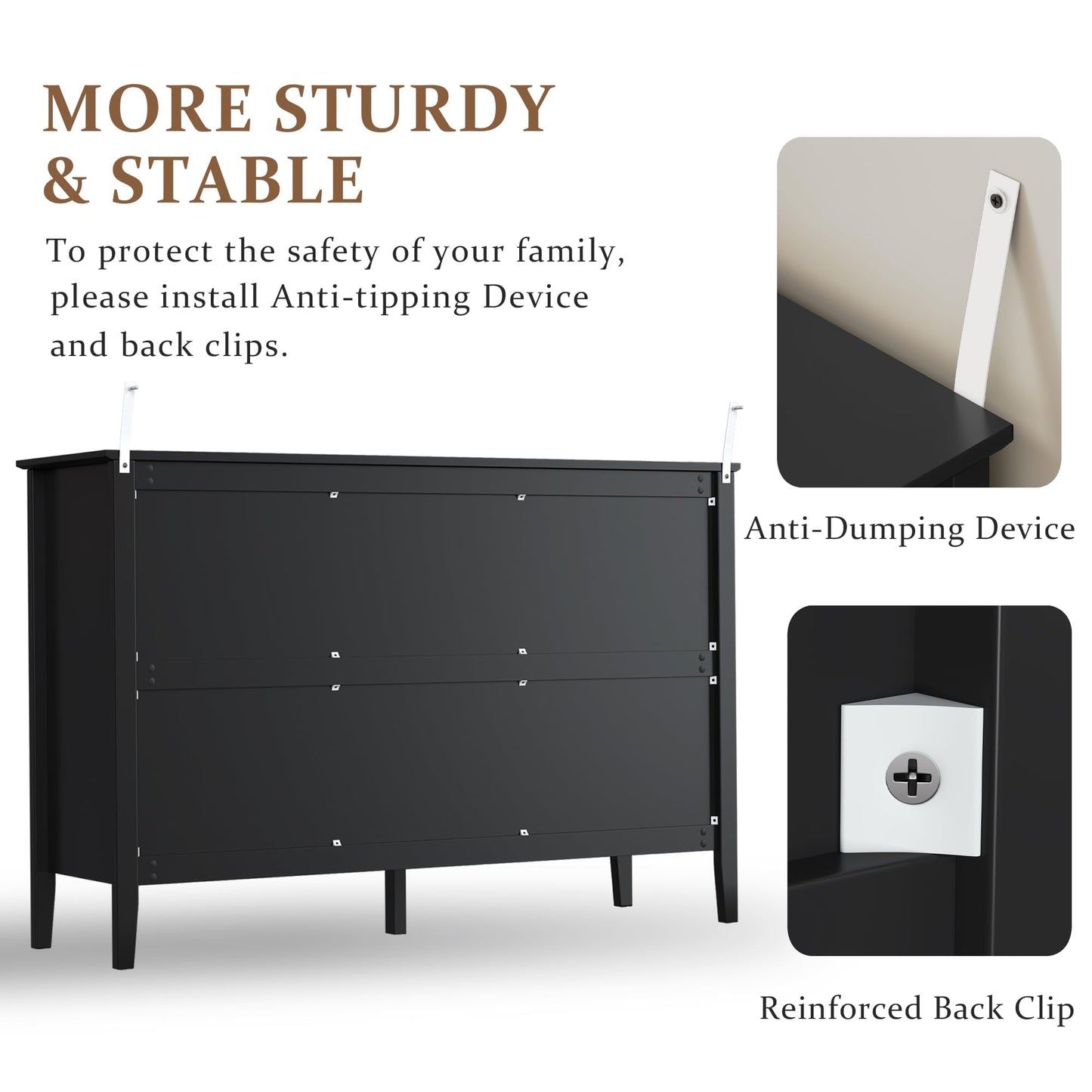 Black 6-Drawer Modern Wood Dresser, Fluted Chest with Ball Bearing Slide, Bedroom or Living Room Storage