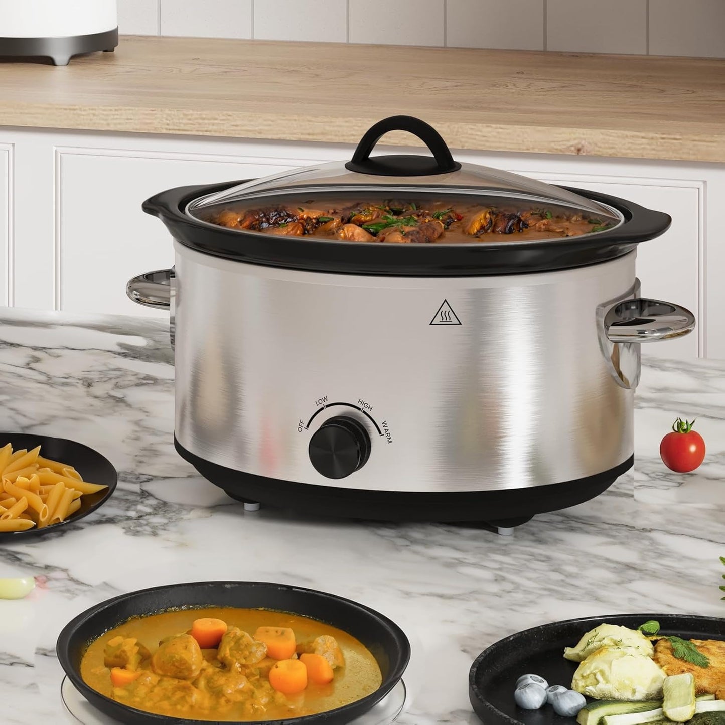 Superjoe 4 QT Slow Cooker, Buffet Server and Warmer with 3 Heating Modes, Compact Slow Cooker, Dishwasher-Safe Removable Ceramic Pot & Tempered Glass Lid, Stainless Steel, Stainless Steel