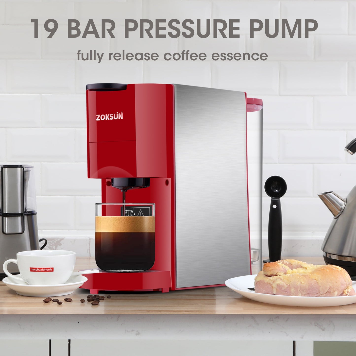 Homepraise 3 IN 1 Multi Capsules Coffee Machine,coffee machine with automatic cleaning function,for Strong Espresso,Americano Coffee,Cappuccino,Macchiato et,Red