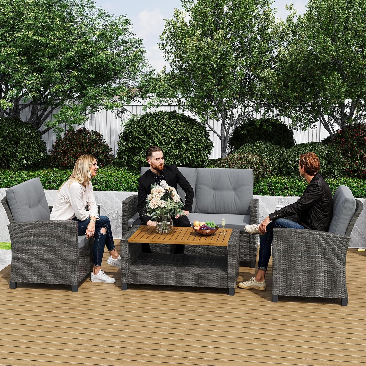 Royalcraft 4-Piece Wicker Patio Conversation Sets with Coffee Table, All Weather Patio Furniture Set with High Backrest, Outdoor Sectional Sofa Couch for Porch Balcony Backyard Deck, Grey