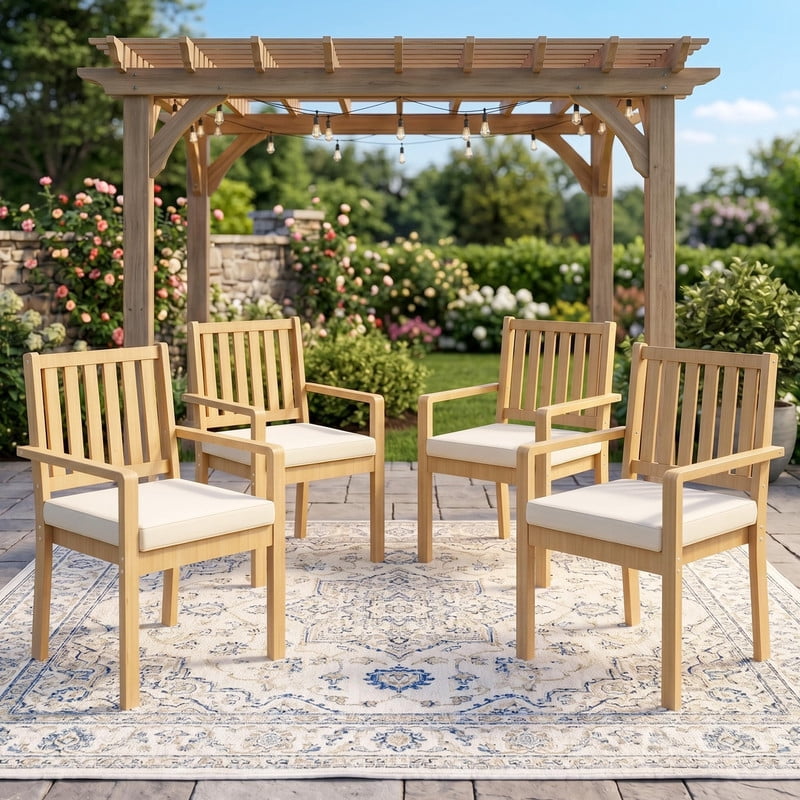 Acacia Patio Chairs Set of 4 for All-Weather, Outdoor Patio Chairs with 3.1" Thick Cushions, Wooden Porch Chairs for Deck Balcony Garden, Brown,Heynemo