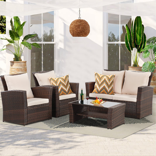 CozyHom All-Weather Outdoor Patio Furniture Set - 4-Piece Wicker Rattan Sectional Conversation Set with Table and Cushions