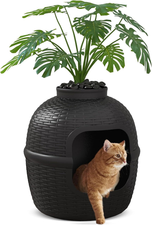Cat Litter Box Enclosure with Faux Plant & Real Stones, Hidden Litter Box with Odor Control Carbon Filter, Home DIY Decor Furniture for Large Cat, Black