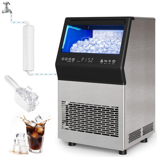 Commercial Cube Ice Maker Machine: 88-110 lbs/24H, 8-15 Minutes Fast Ice Production, Large Ice Maker with Dual Water Supply, Energy-Efficient for Home, Bar & Restaurant, Sliver