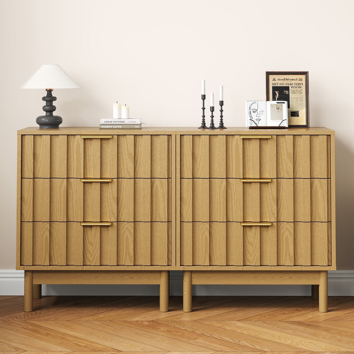 Cozy Home Fluted 3 Drawer Dresser Set of 2, Wood Closet Organizer for Bedroom, Living Room, Entryway, Natural Wood Tone